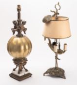 A Continental brass table oil lamp,