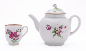 A First Period Worcester polychrome teapot and cover and a similar coffee cup both painted with