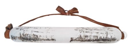 A 19th century opaque glass rolling pin transfer printed with sailing ships,