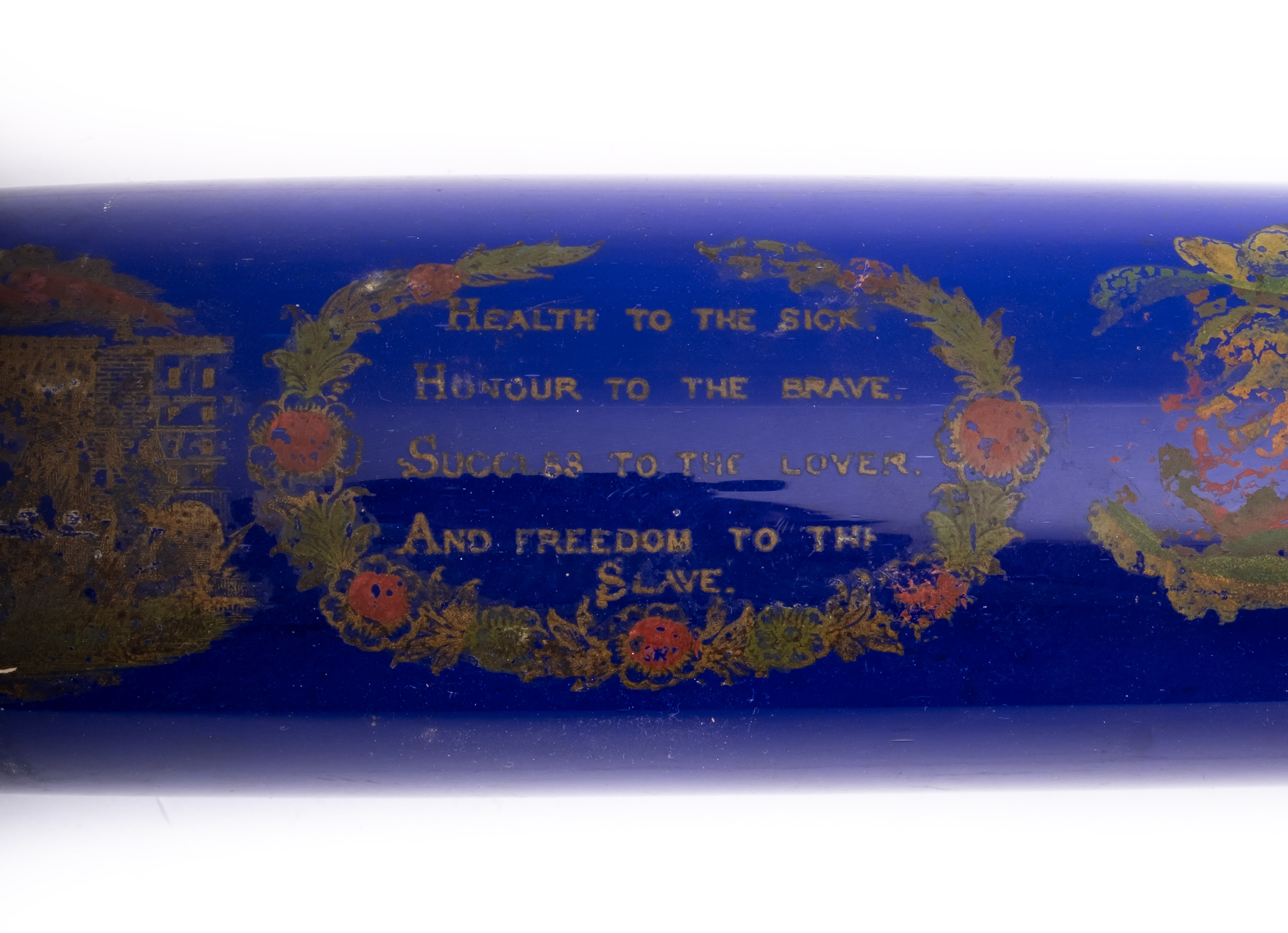 A 19th century blue glass rolling pin with transfer decoration of ships and verse 'Health to the - Image 2 of 2