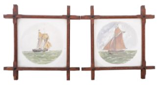 Two late 19th century ceramic tiles decorated with central circular vignettes of sailing vessels,