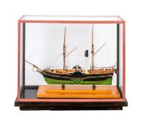A cased scale model of a twin masted paddle steamer.