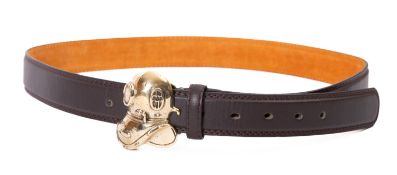 A brass Siebe style diver's helmet waist belt clasp on brown leather belt.