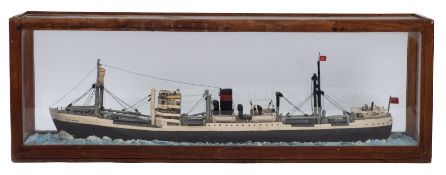 A cased scratch built waterline model of the Clan Line Cargo ship SS 'Clan Brodie': black funnel