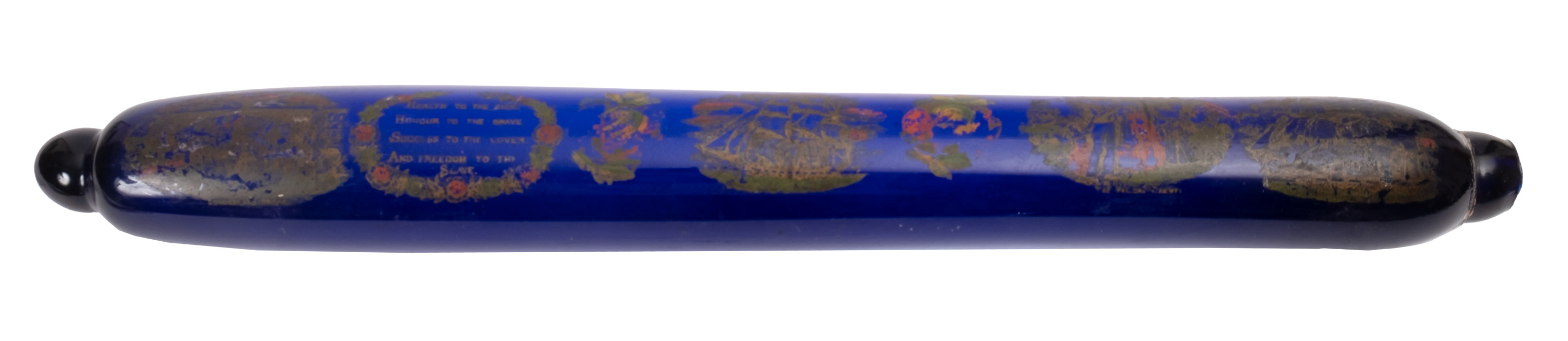 A 19th century blue glass rolling pin with transfer decoration of ships and verse 'Health to the