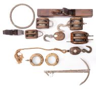 Six 20th Century oak and metal ship's blocks.