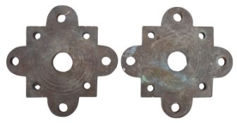 A pair of late 18th/early 19th century bronze cat's head ring mount backplates of cartouche outline,