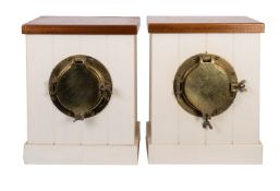 A pair of 20th Century side tables with inset brass portholes.
