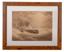 Circle of William Joy (British, 1803-1867) - Ship in storm - Sepia Watercolour - 29.