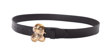 A brass Siebe style diver's helmet waist belt clasp on black leather belt.