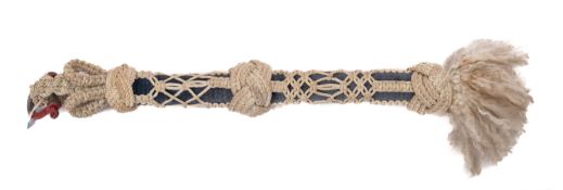 A 20th Century Crown bell pull in white and blue with plume to the base, 60cm long.