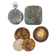 RMS 'Lusitania'. A salvaged collection of pocket watch parts in a square tin,