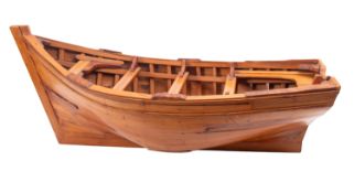 A Thuya wood scale model of a fishing boat, plank and pinned hull with bur deck pards and fittings,