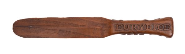 A late 19th century treen page turner constructed from the timbers of HMS 'Eurydice',