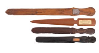 Three various treen page turners from recovered ship's timbers, one from HMS 'Royal George',