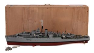 A scratch built remote control model of the HMS 'Amethyst'.
