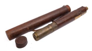 A late 19th or early 20th Century single draw brass telescope, unsigned with damaged leather cover,