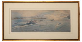 Norman Wilkinson (British, 1878-1971) - 'Ship of the Line' - Watercolour - 24 x 64cm - 43.5 x 84.