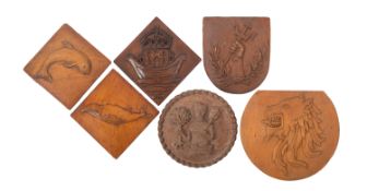 A group of six wooden pattern makers Royal Navy ships badges, comprising HMS 'Ark Royal',