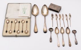A mixed group of silver including; a cased set of coffee bean spoons by Hukin & Heath Ltd,