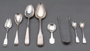 A mixed group of Irish silver including; a Brightcut table spoon by John Shiels, Dublin 1784,