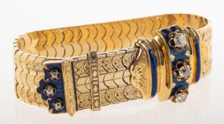 An impressive antique diamond and blue enamel sliding 'belt buckle' bracelet,