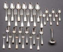 A mixed group of silver flatware including; six Fiddle pattern table spoons 1809,