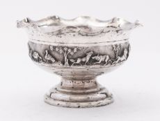 An Anglo Indian silver footed bowl, not marked, probably Lucknow, decorated with a hunting scene,