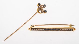 A sapphire and pearl bar brooch and a sapphire and pearl stick pin,