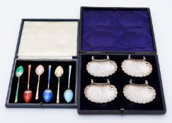 An Elizabeth II cased set of six silver and enamel coffee spoons by Turner & Simpson Ltd,