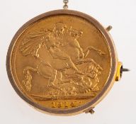 A full sovereign in brooch mount, a George V 1914 full sovereign in an unmarked yellow metal mount,