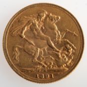 A full sovereign, Victoria 1891, 8.1grams.
