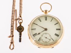 An 18K gold open-faced pocket watch and chain the round white enamel dial having black Roman