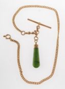 A fob chain with New Zealand jade pendant, the fob chain of curb links with T-bar and swivel clasp,
