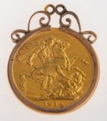 A full sovereign in pendant mount, a George V 1914 full sovereign in pendant mount,