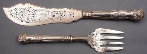 A pair of Victorian silver fish servers by Francis Higgins II, London 1854, Kings pattern handles,