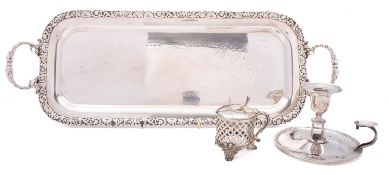 A group of silver plated items including; a Sheffield plated two handled tray by Thomas White,