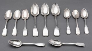A mixed group of silver flatware including; three Fiddle pattern table spoons by T Cox Savory,