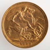 A full sovereign, Victoria 1889, 8.0grams.