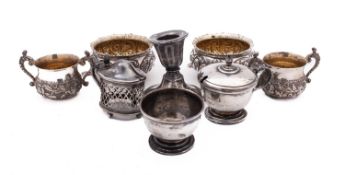 A mixed group of silver including; a pair of Victorian silver salts by Thomas Hayes,