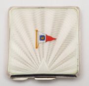 A George VI silver and enamel compact by Benzi, (Cowes) London 1936, of square form,