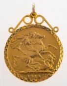 A full sovereign in pendant mount, a George V 1914 full sovereign, in a 9ct gold pendant mount,