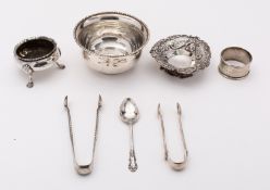 A mixed group of silver including; a George V sugar bowl, London 1929, a heart shaped bonbon dish,