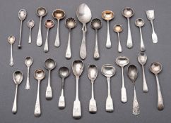 A mixed group of silver condiment spoons including; three pairs of Bright cut salt spoons,