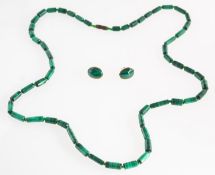 A pair of malachite earrings and a malachite bead necklace, a pair of oval stud earrings,