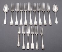 A mixed group of silver flatware including; nine Old English table fork, two dessert forks,