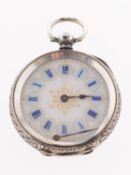 A silver open-faced lady's pocket watch the cream dial with blue Roman numerals,