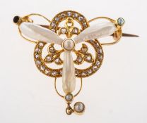 A pearl and rose-cut diamond brooch, an ornate openwork brooch set with rose-cut diamonds,