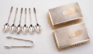 A mixed group of silver including; a cased pair of gentleman's silver backed hair brushes by D Bros,