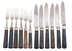 A set of six late Victorian silver and agate handled dessert knives and forks by Holland,